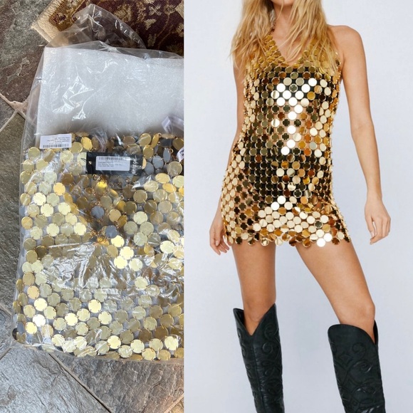 Nasty Gal Dresses & Skirts - Nasty gal gold Disc Chainmail Sequin Halter Mini Dress Taylor swift eras tour